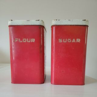 Vintage Lincoln Beautyware Chrome Red Sugar And Flour Canisters