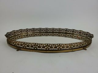 Vintage Oval Curved Gold Tone Filigree Vanity Mirror/tray 16 1/2 " X 10 1/4 " Usa