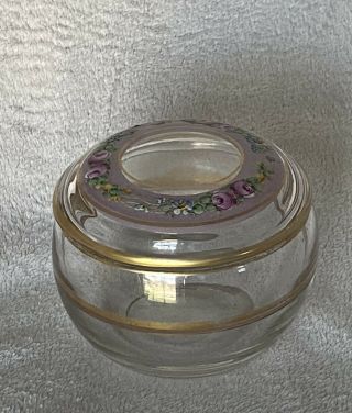 Vintage Glass Vanity Bowl / Powder Jar With Lid Hand Painted Floral