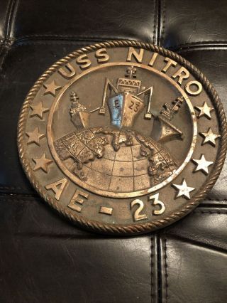 Vintage Bronze Usn Us Navy Uss Nitro Ae - 23 Plaque Ammunition Ship Naval Man - Cave