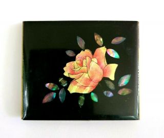 Vintage Gold Tone Powder Compact With Black Lucite & Reverse Carved Abalone.