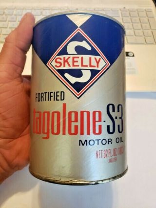 Skelly Can 1qt Full Paper Foil Motor Oil Vintage Skelly Tagolene S.  A.  E.  20