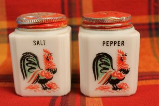 Vintage Tipp City Mckee Rooster Salt & Pepper Shakers Milk Glass Red Lids