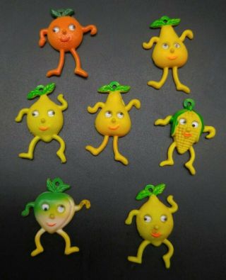 7 Vintage Anthropomorphic Fruit & Vegetable Refrigerator Magnets W/ Googly Eyes