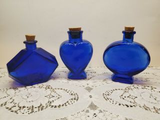Three (3) Vintage Cobalt Blue Glass Bottles With Cork Stoppers Unusual Shapes