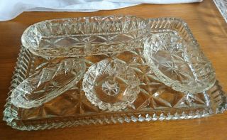 Vintage Antique Cut Glass Dressing Table Vanity Set Tray Trinket Ring Stand 5pc