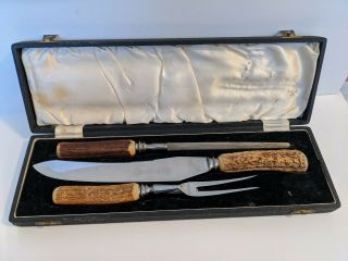 Lewis Rose & Co Ltd 3 - Pc Stainless Carving Set Real Stag Horn Sheffield England