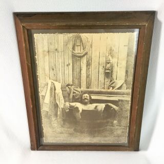 R.  Hendrickson Vtg Sepia Print Rustic Man In Bath Tub Sepia Art Wood Framed