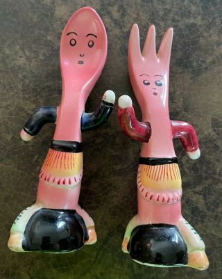 Vintage Fork And Spoon Salt And Pepper Shakers,  Japan,  Pink