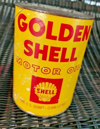 Rare Vintage Shell Golden Shell Motor Oil Quart Tin Top - Hard To Find Oil Can