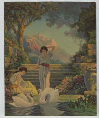 Old 1930s - 40s Print Maidens Pond With Swans Garden Mountains In Garden Of Dreams