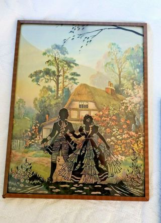 2 Vintage Silhouette Pictures Man Woman Reverse Painted Cottage Background 6 x 8 2
