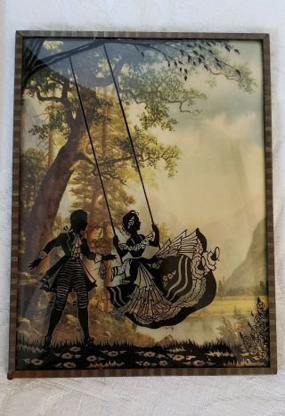 2 Vintage Silhouette Pictures Man Woman Reverse Painted Cottage Background 6 x 8 3