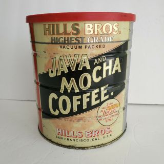 Vintage Hills Bros Java And Mocha Coffee Can & Lid Collectible Antique