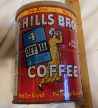 Vintage Hills Bros Coffee Empty Tin Can Lid Drip Grind One Pound Size