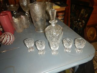 Heavy Crystal Decanter With Five Small Shot Glasses Quality Glass Old Estate