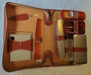 Vintage Mens Leather Travel Grooming Kit Set Case Complete