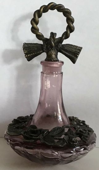 Amethyst Colored Art Glass Bottle With Stopper,  Metal Rose Accents