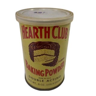 Vintage 1950’s Hearth Club Baking Powder Tin 8oz W/ 1/2 Product Still Inside
