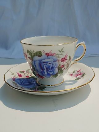 Royal Vale Blue Rose/pink Flower W/gold Trim Bone China Tea Cup & Saucer