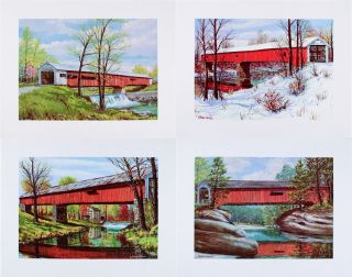 Vintage Set Four Covered Bridge Art Prints Parke County Indiana W Harold Hancock