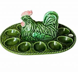 Enesco Deviled Egg Ceramic Tray With Hen Green Mid Century