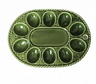 Enesco Deviled Egg Ceramic Tray with Hen Green Mid Century 2