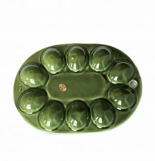 Enesco Deviled Egg Ceramic Tray with Hen Green Mid Century 3