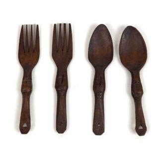 Vintage Wooden Tiki Forks & Spoons Utensils Hand Carved Wood Polynesian 6 "