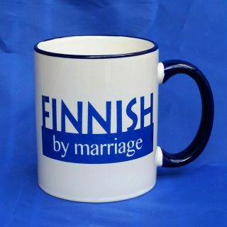 Berggren Trayner Finnish By Marriage Ceramic Mug Blue White Bergquist Imports