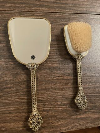 Vintage Gold Floral Vanity Handheld Mirror And Brush Made In West Germany