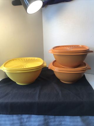 Vintage Tupperware 3 Servalier Nesting Bowls Lids Harvest Colors 1 - 836 2 - 838