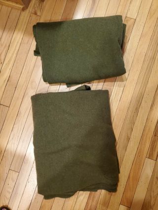 Pair Vintage Wool Military Army Green Blankets