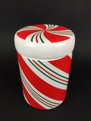 Teleflora Ceramic Christmas Peppermint Swirl Candy Cane Canister Cookie Jar Dish