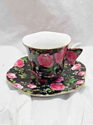 A Special Place Tea Cup And Saucer Set Black W/pink Floral & Butterfly Handle