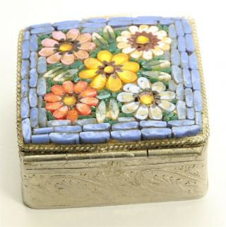 Vintage Ornate Silver Tone Italy Venetian Micromosaic Glass Floral Pill Box 2