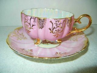 Lm Royal Halsey Lustreware Very Fine China Tea Cup & Saucer Pink Gold Trim 3 Ft