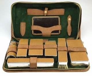 Brown Vintage Mens Vanity Travel Toiletry Grooming Set Kit W/ Leather Case