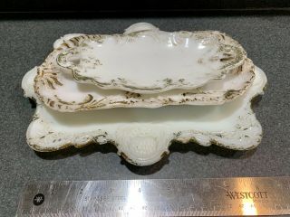3x Vintage Victorian White Milk Glass Dresser Trinket Vanity Trays Hand Painted