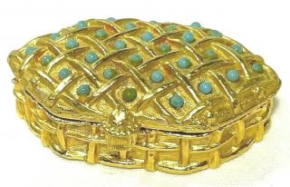 Vintage Tiny Gold Toned Metal Pill Box With " Turquoise " Beads