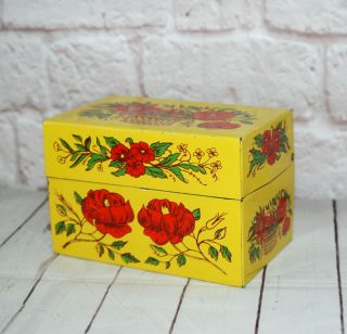 Vintage Metal Recipe Box Roses Floral Red Yellow Design For 3x5 Syndicate Mfg Pa
