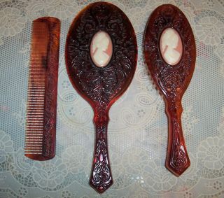 Vintage Avon Brown Tortoise Shell Cameo Hair Brush,  Comb,  Mirror Set