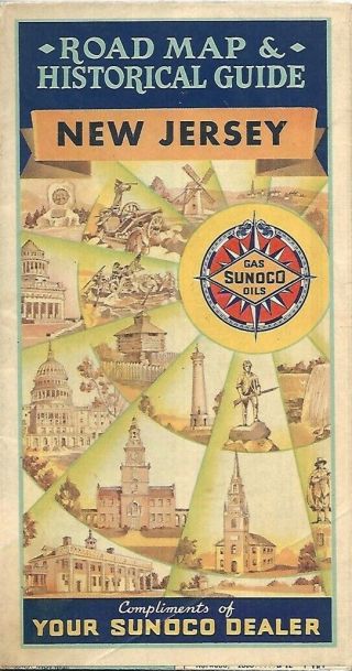 1937 Sunoco Pictorial Road Map Jersey Trenton Newark Elizabeth Union Ferries