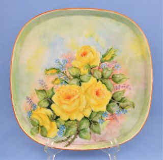 Vintage Squared Vanity Dresser Tray W/ Hand Painted Flowers Yellow Roses 10 "