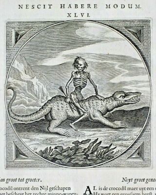Personified Death On Fantasy Crocodil,  Emblem,  Jacob Cats,  Alle De Werken,  1658