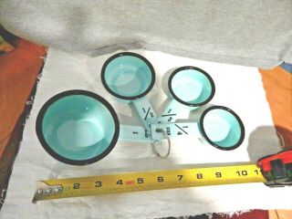 4 Pc Light Blue W Black Trim Enamel Ware Measure Cup Set 1 C,  1/2 C,  1/3 C,  1/4c