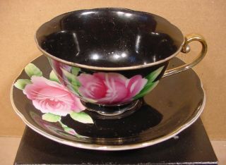 Pink Rose On Black Occupied Japan Hand Painted Teacup & Saucer/made In Japan B