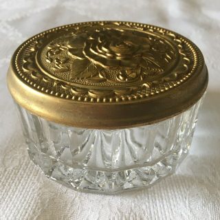 Vintage Kig Indonesia Glass Dresser Vanity Powder Jar Trinket Box Rose Top