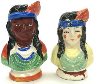 Native White Brown Vtg Japan Ceramic Painted Salt & Pepper Shakers Set Feather
