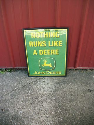 Vintage John Deere Tin Sign " Nothing Runs Like A Deer " Framed,  20 " X16 "